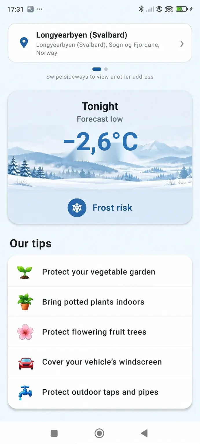 Domovská obrazovka s předpovězeným minimem 1 °C a rizikem mrazu