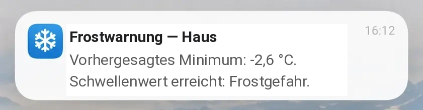 Benachrichtigung mit −2,6 °C Tiefsttemperatur und Frostgefahr