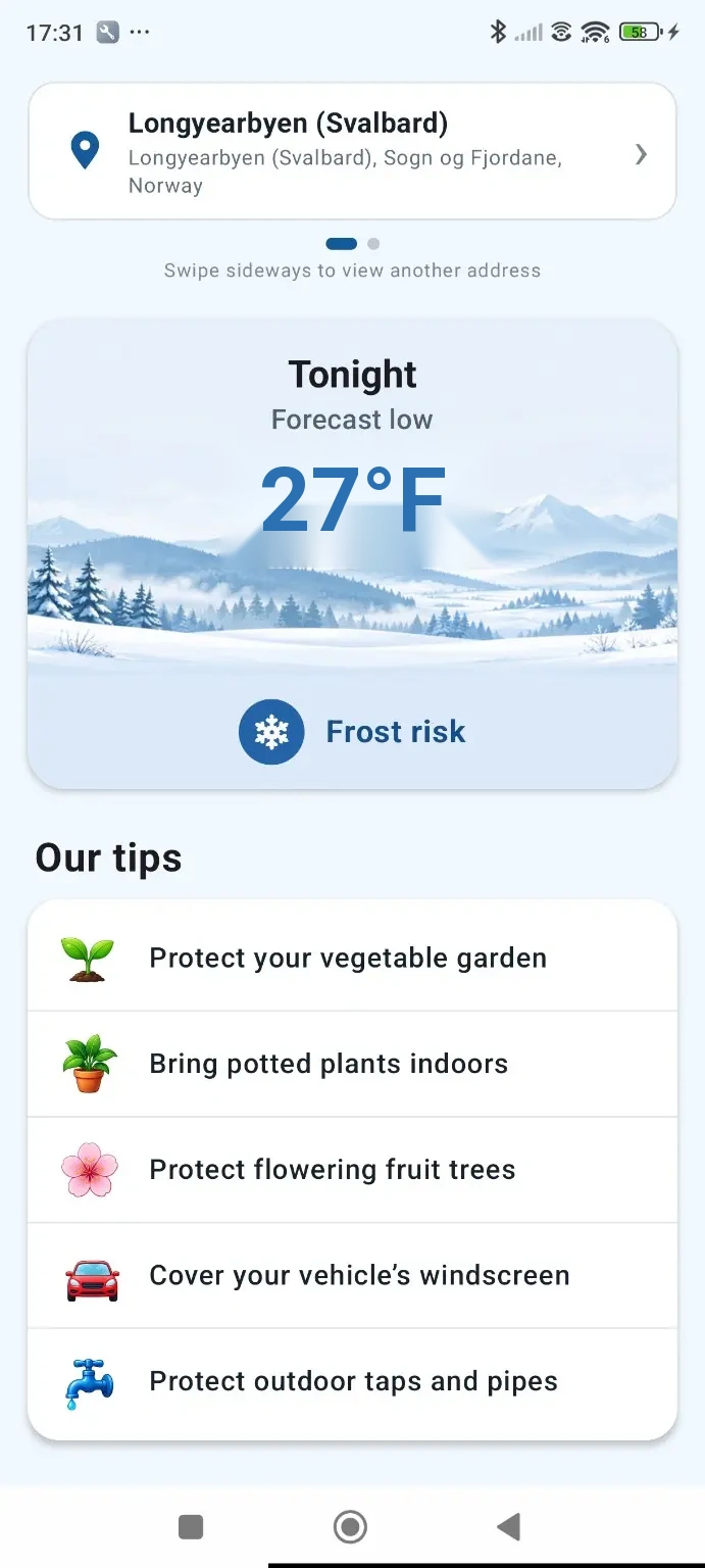 Frost Alert home screen showing a forecast low of 27 degrees Fahrenheit and frost risk