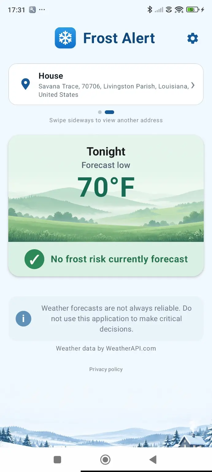 Frost Alert home screen showing no current frost risk