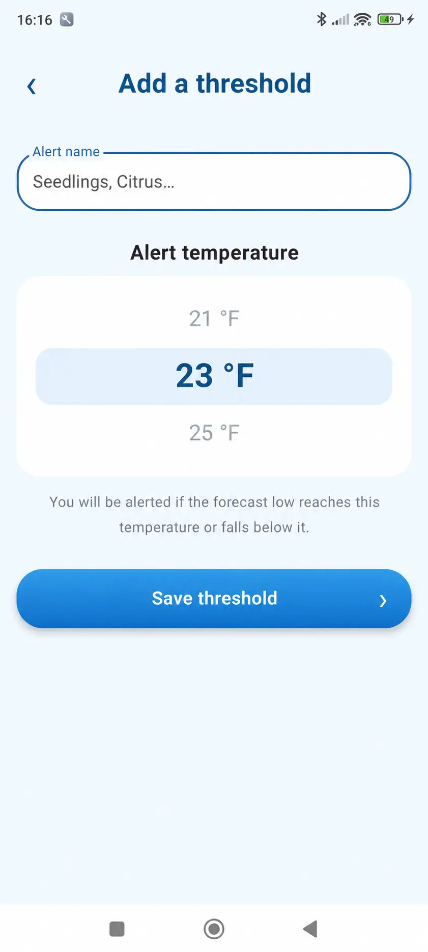 Creating a custom temperature threshold in Frost Alert