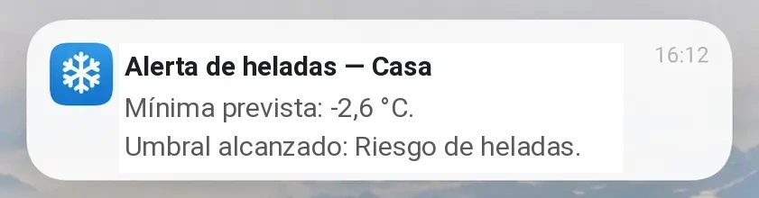 Notificación con una mínima prevista de −2,6 °C y riesgo de heladas