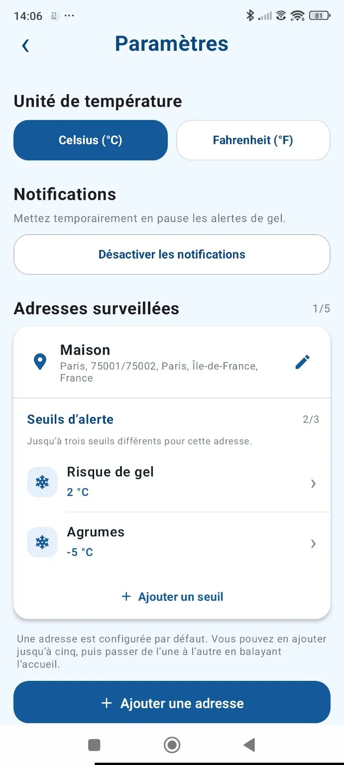 Configuration des adresses et seuils d’alerte dans Alerte Gel