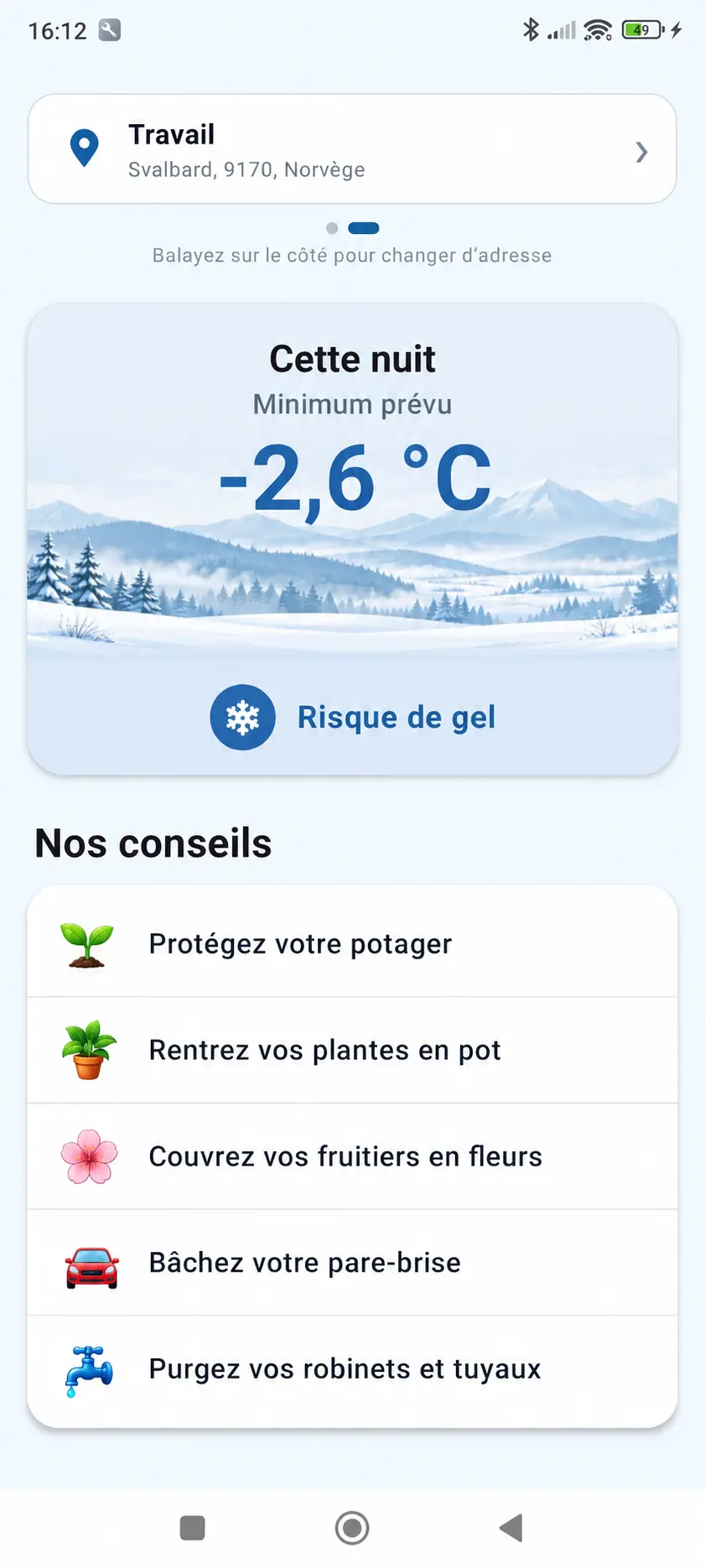 Écran principal d’Alerte Gel affichant un risque de gel à moins 2,6 degrés