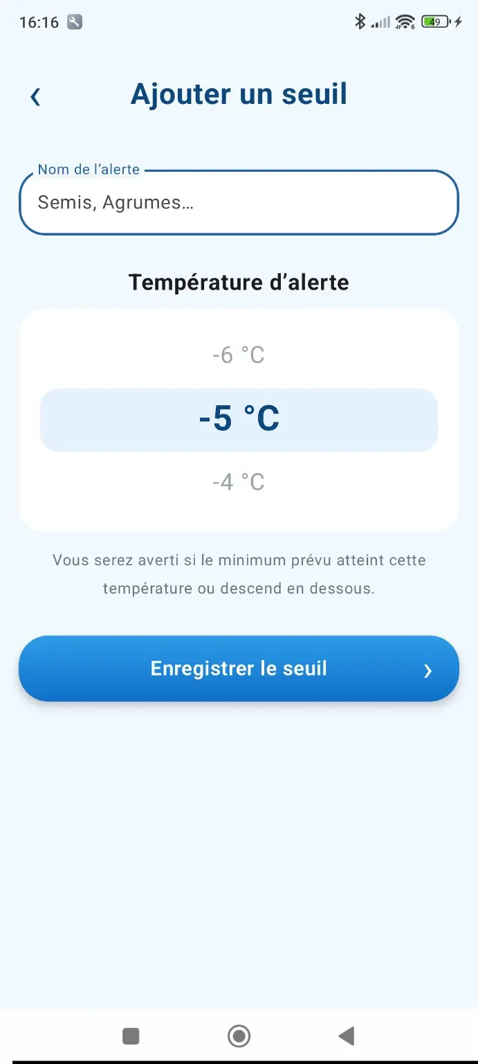Création d’un seuil personnalisé à moins cinq degrés