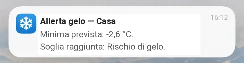 Notifica con minima prevista di −2,6 °C e rischio di gelo